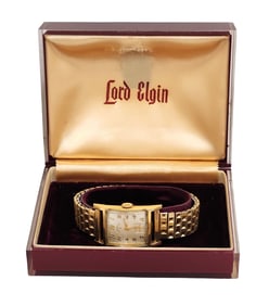 Vintage Lord Elgin Men’s Wristwatch, 14K Gold Filled, Speidel Band, Original Box, ca.