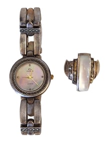 Vintage Ladies Cenere Quartz Watch with Marcasite Accents & Sterling Silver 925 Ring with Mother of