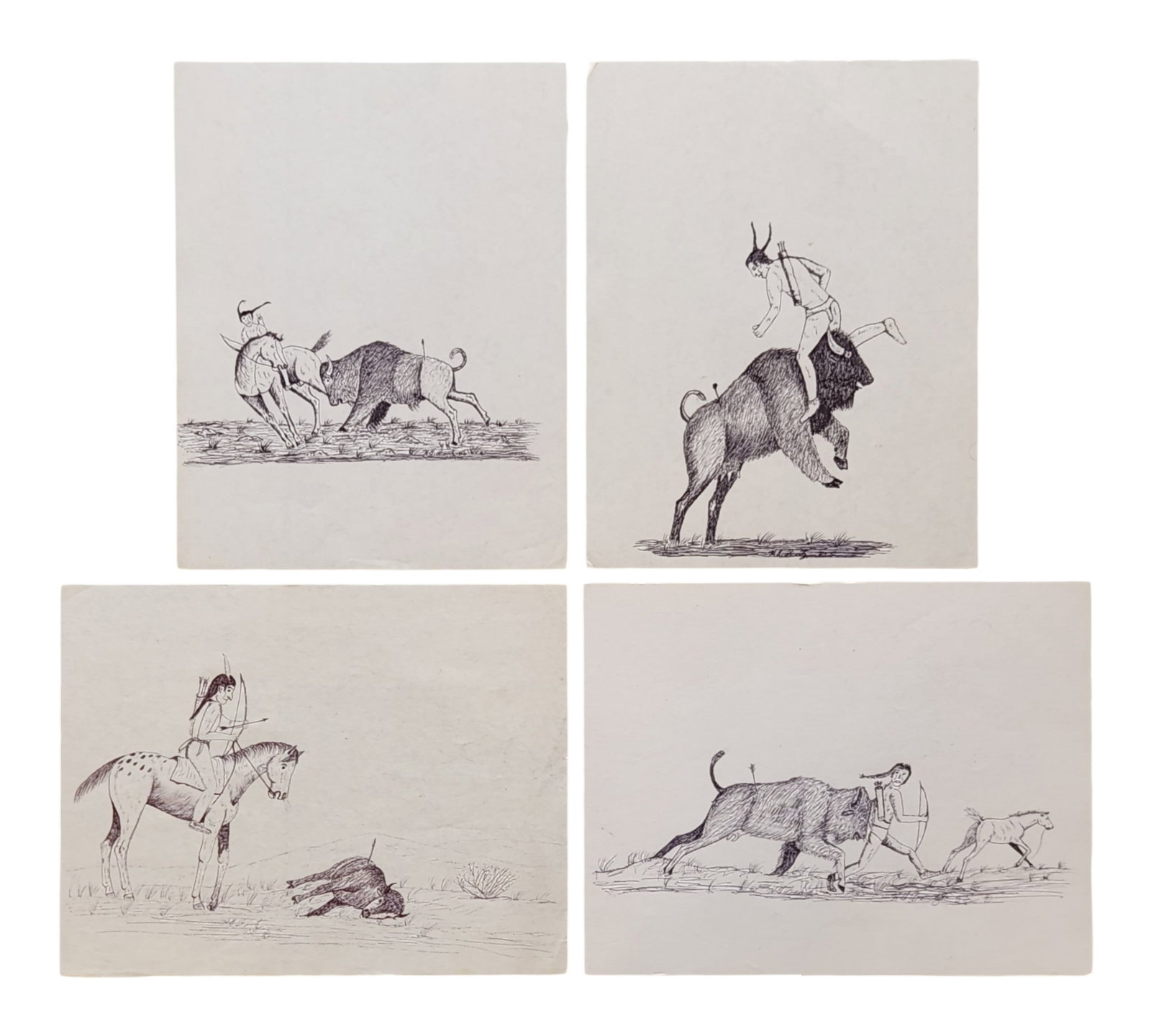 Harry Donald Bentz (1921 -2003) American: Harry Donald Bentz (1921 -2003) American Lot of Four Drawings - Ink on Paper Measure 11"in H x 8 1/2"in W not framed Biography: Harry Bentz a Montana born and raised Cowboy artist. The works are a con