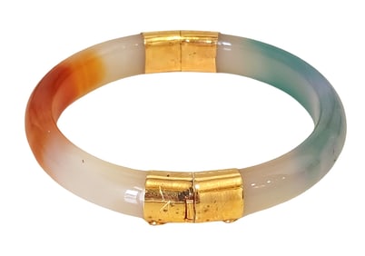 Vintage Chinese Jade and Gilt Silver Hinged Bangle Bracelet