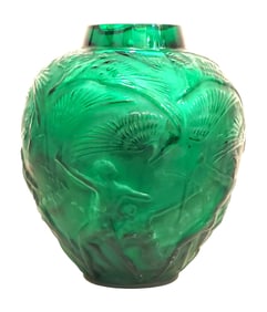 Art Deco Grenn Glass Archers Vase Signed R. Lalique