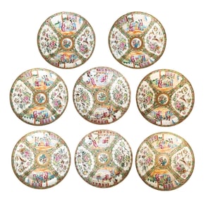Set of 8 Chinese Export Rose Medallion Porcelain Plates, 19th Century
