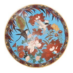 Chinese Cloisonne Enamel Plate with Birds and Flowers, Late 19th/Early 20th Century