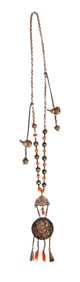Chinese Silver Necklace with Coral and Jade Beads and Filigree Pendant, Early 20th Century