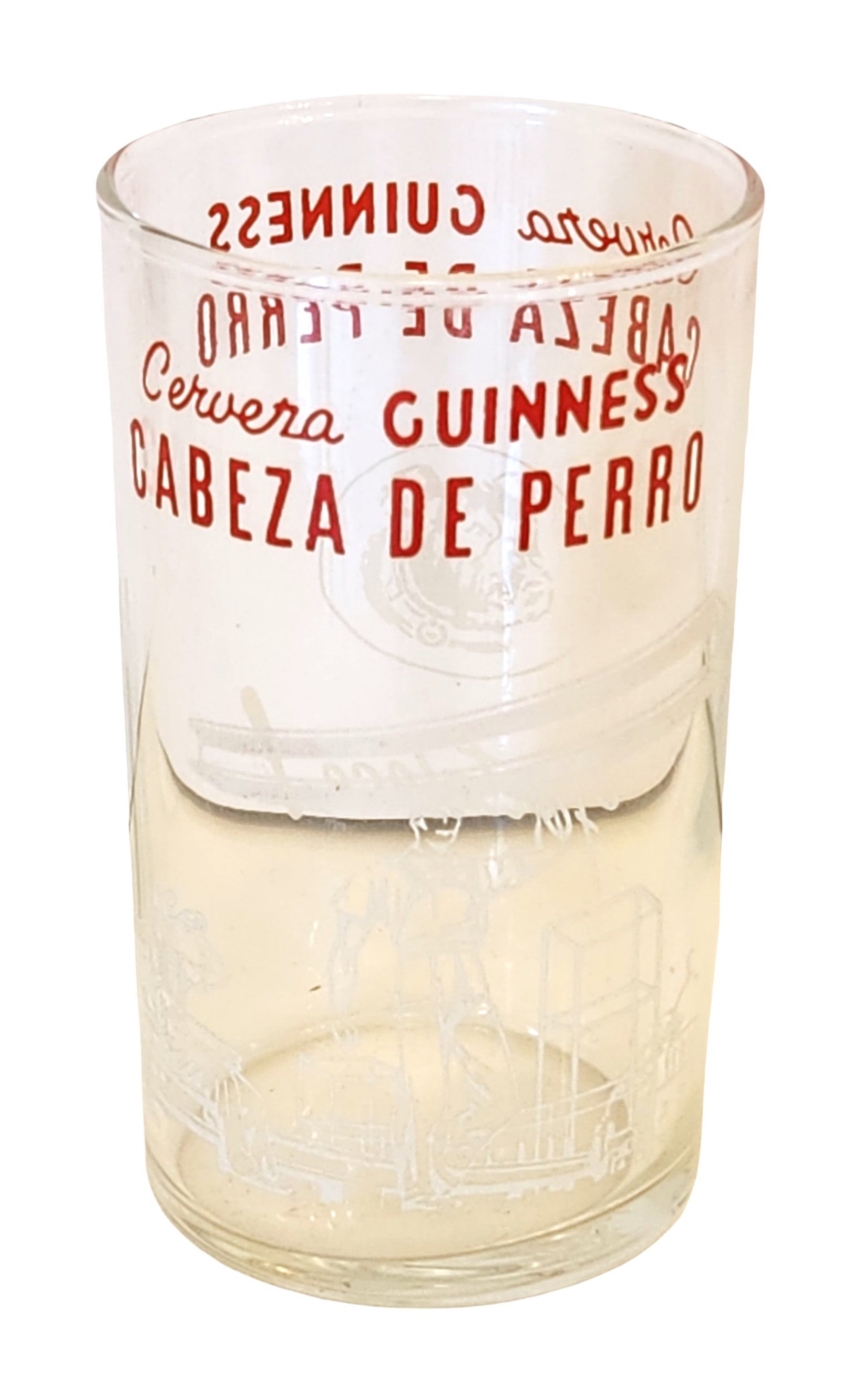 Vintage Cuban Advertising Glass – Cerveza Guinness “Cabeza de Perro: A rare Cuban vintage advertising glass, early–mid 20th century, printed in red with the inscription: “Cerveza Guinness – Cabeza de Perro”. The glass also features an etched illustration of