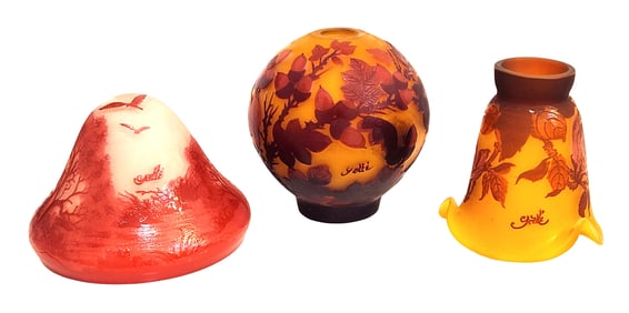 Set of Three Cameo Glass Shades Signed Gallé
