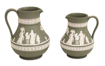 Pair of Wedgwood Green Jasperware Pitchers with Classical Reliefs