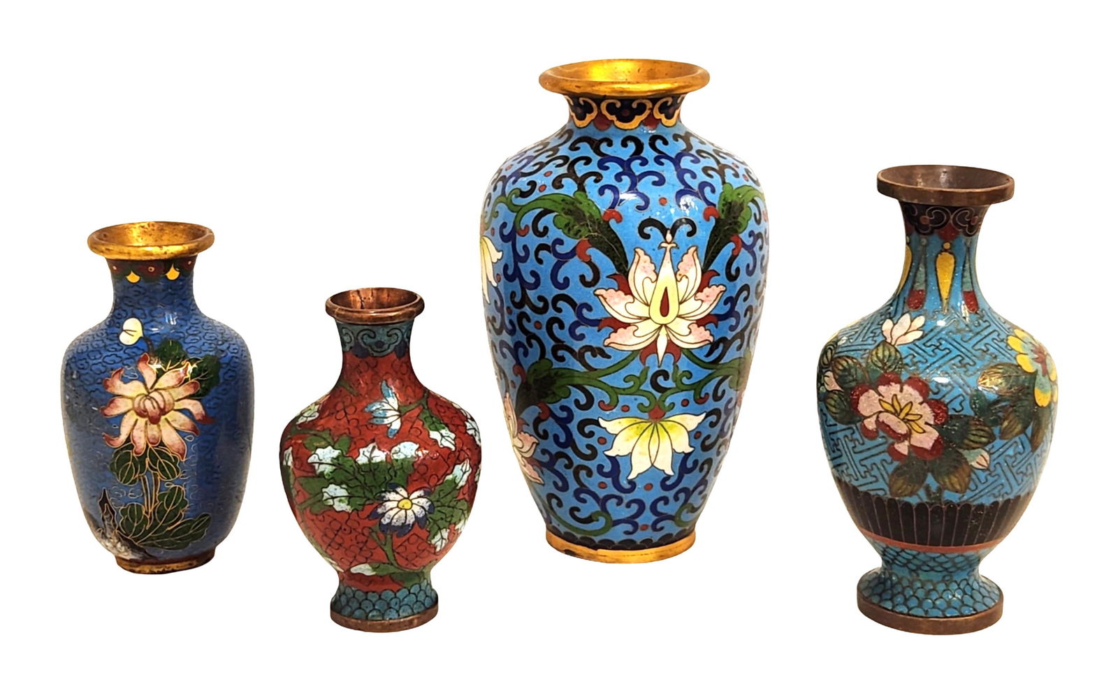 Group of Four Chinese Cloisonné Enamel Vases, 20th C.: A group of four Chinese cloisonné enamel vases, decorated with colorful floral motifs, butterflies, and scrolling patterns on red and blue grounds, with gilt rims and bases Biggest one Measure 6 1/4"