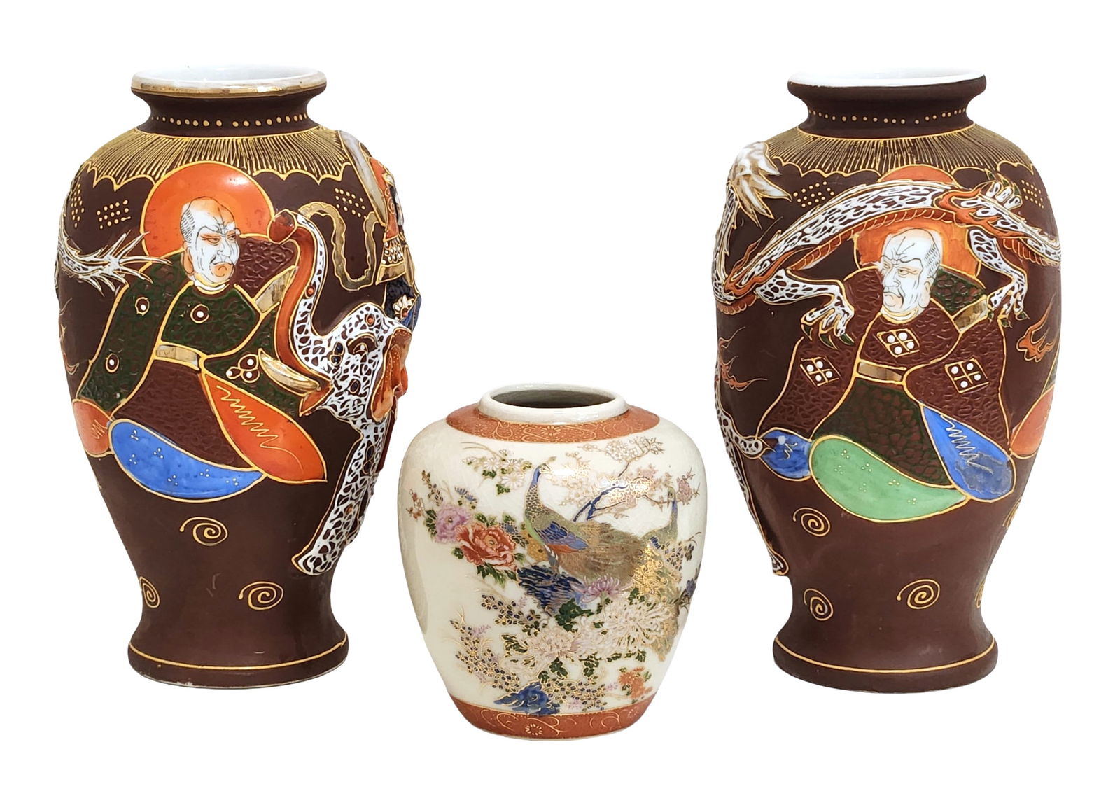 Group of Three Japanese Satsuma Style Hand-Painted Vases, Mid-20th C. (1 of 5)