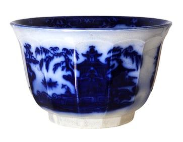 Antique Flow Blue Ceramic Bowl with Pagoda Landscape Design