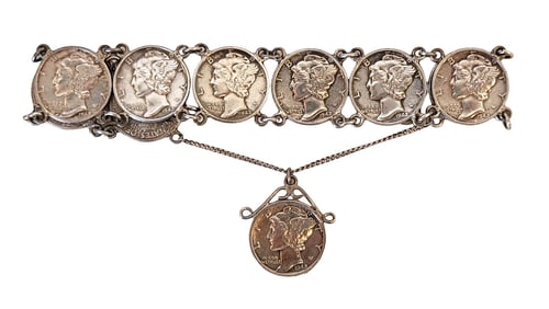 Vintage Sterling Silver Bracelet with U.S. Mercury Dimes, 1942
