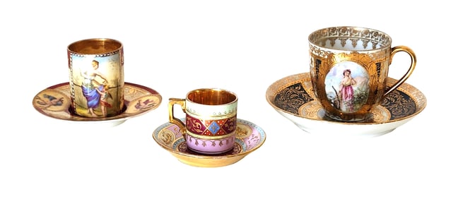 Set of 3 Royal Vienna Porcelain Demitasse Cups & Saucers with Hand-Painted Classical Scenes