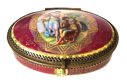 Antique Hand-Painted Viennese Enamel & Gilt Bronze Hinged Trinket Box, Signed Kaufmann