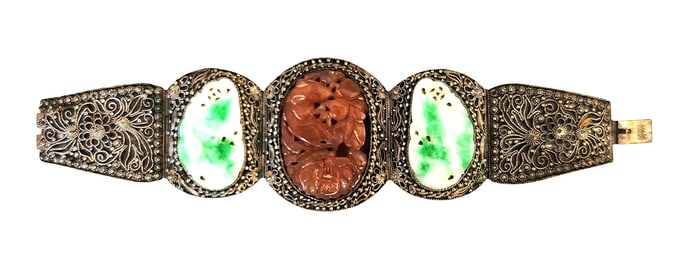 Vintage Chinese Silver Filigree Bracelet with Carved Jade and Carnelian, Marked China, ca.