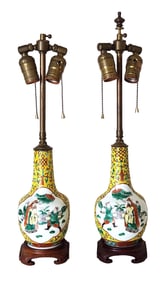 Pair of Chinese Famille Verte Porcelain Vases Mounted as Lamps – Yellow Ground & Courtyard Scenes