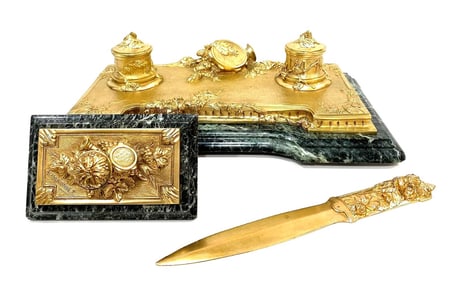 French Gilt Bronze and Marble Three - Piece Desk Set by Albert Marionnet