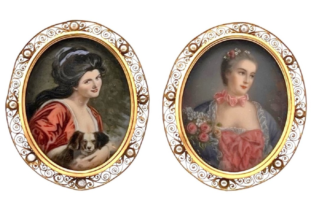 Antiques Hand Painted Portraits Miniatures Plaques