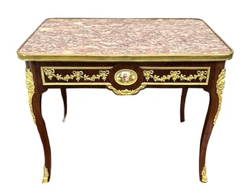 Antique French 19th Century Side Table with Gilt Bronze and Porcelain Plaques