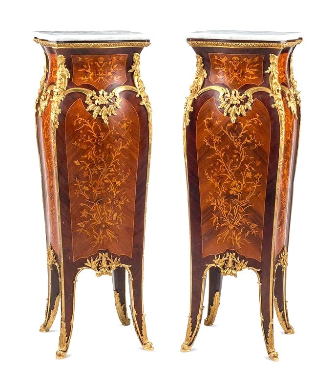 Pair of Louis XV Style Marquetry Pedestals with Gilt Bronze Mounts and Marble Tops (1 of 4)
