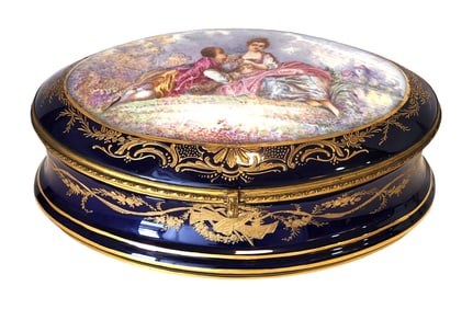 19th Century French Sevres  Cobalt and Gilt Porcelain Box with Romantic Scene