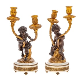 Pair of French 19th Century Gilt and Patinated Bronze Figural Two-Light Candelabra on Marble Bases