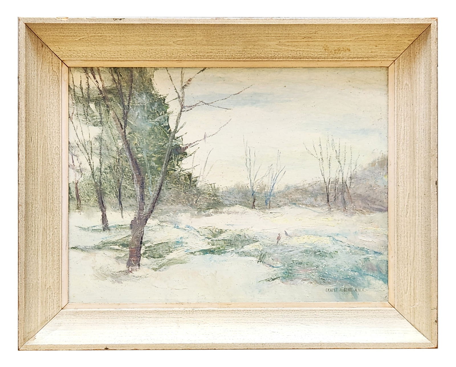 Ernest Albert (1857 - 1946) American: Ernest Albert (1857 - 1946) American Title: Winter River And Landscape Oil on Masonite Measure 12"in H x 16 1/4"in W and 15 1/2"in H x 19 3/4"in W framed Known for: Theatre set design, landscape and s