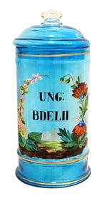 Hand-Painted Blue Glass Apothecary Jar “UNG: BDELII?? with Lid