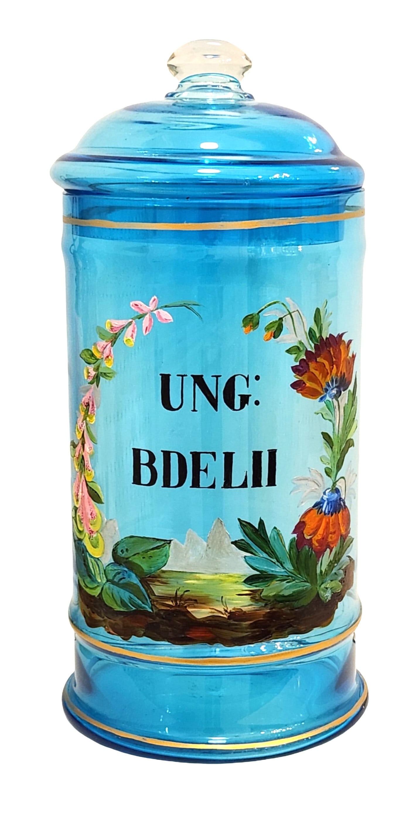 Hand-Painted Blue Glass Apothecary Jar “UNG: BDELII?? with Lid: Charming antique-style blue glass apothecary jar with removable lid, hand-painted with colorful floral motifs and landscape details. The jar is inscribed “UNG: BDELII”, referencing an old phar