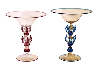 Two Murano Venetian Glass Goblets with Seahorse Stems, Red & Blue