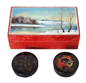 Set of 3 Russian Lacquer Boxes, Fedoskino & Veliky Ustyug, with Papers