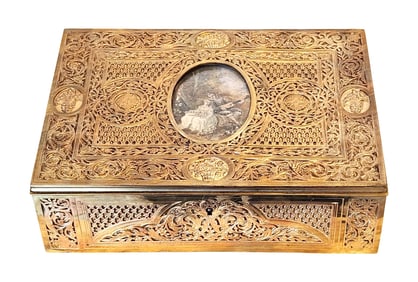 Antique Brass Box with Miniature Painting, Signed Pinto
