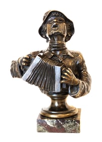 Antique Bronze Bust Musician Accordion in Marble Vase