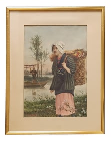 Meiji Period Japanese Watercolor Signed J.S. Yamamoto (Early 20th Century)