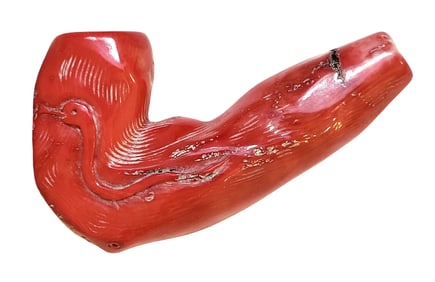 Antique Carved Red Coral Pipe with Bird Motif, 20th Century