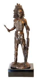 Bronze Native American Warrior Sculpture on Marble Base