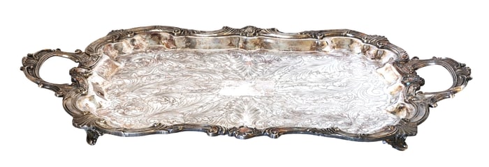 Vintage Silver-Plated Ornate Serving Tray with Handles