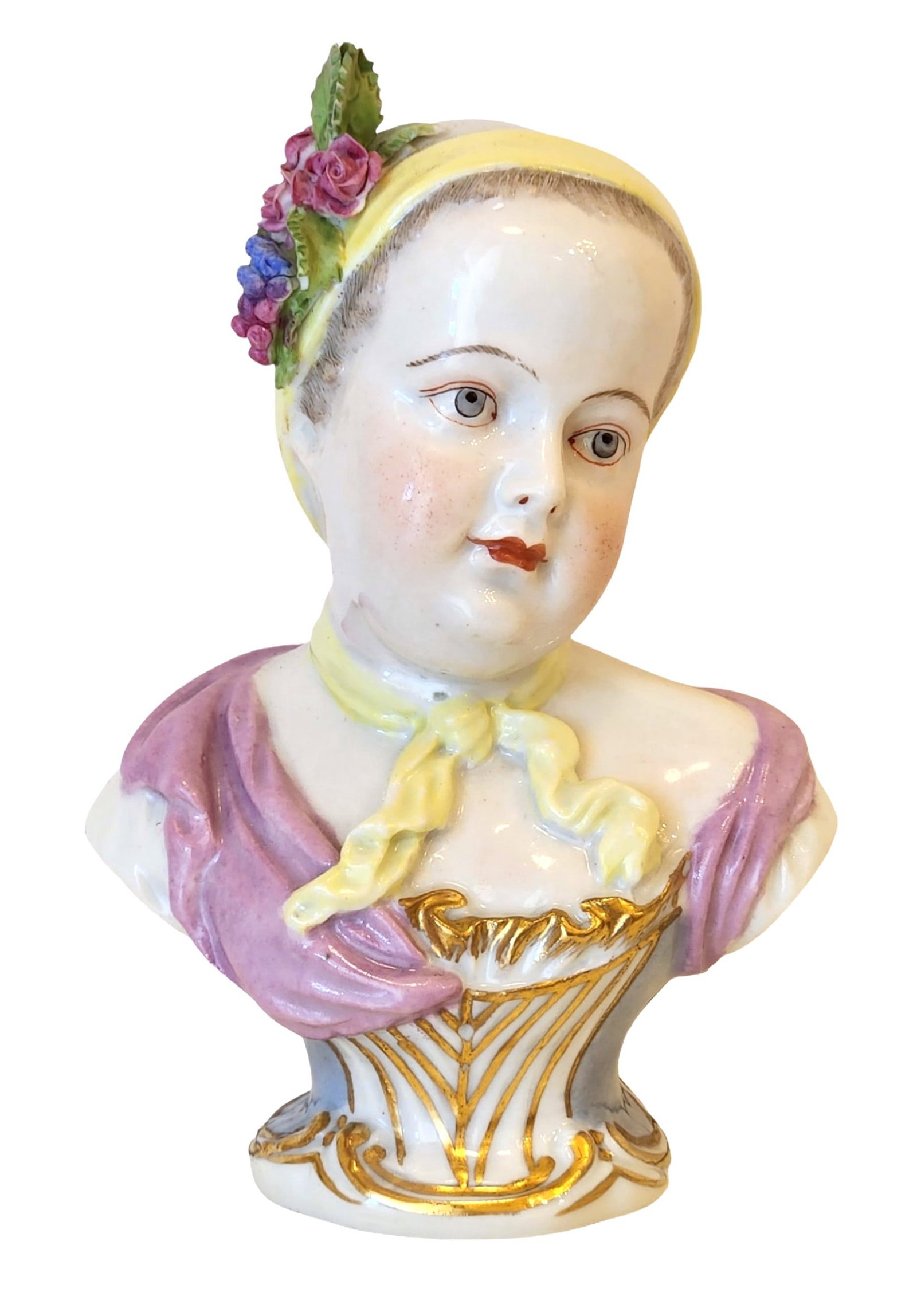 Meissen Porcelain Bust of a Young Girl with Flowers: Charming Meissen porcelain bust of a young girl, hand-painted and richly decorated in polychrome with gilt accents. The figure wears a yellow headscarf adorned with applied porcelain flowers, a lavend