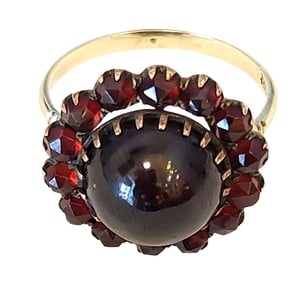 14K Gold Ring with Central Cabochon Garnet and Faceted Garnet Halo