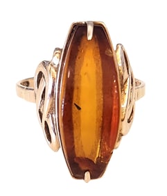 Vintage Soviet 14K Gold Ring with Amber Cabochon