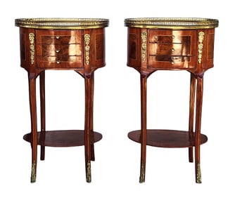 Pair of French Louis XVI Style Oval Side Tables with Bronze Mounts
