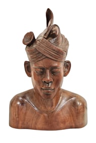 Carved Wooden Bust of a Man with Traditional Headdress