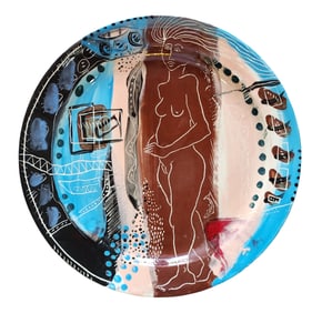 Hand-Painted Ceramic Plate with Nude Female Figure, Contemporary, Signed