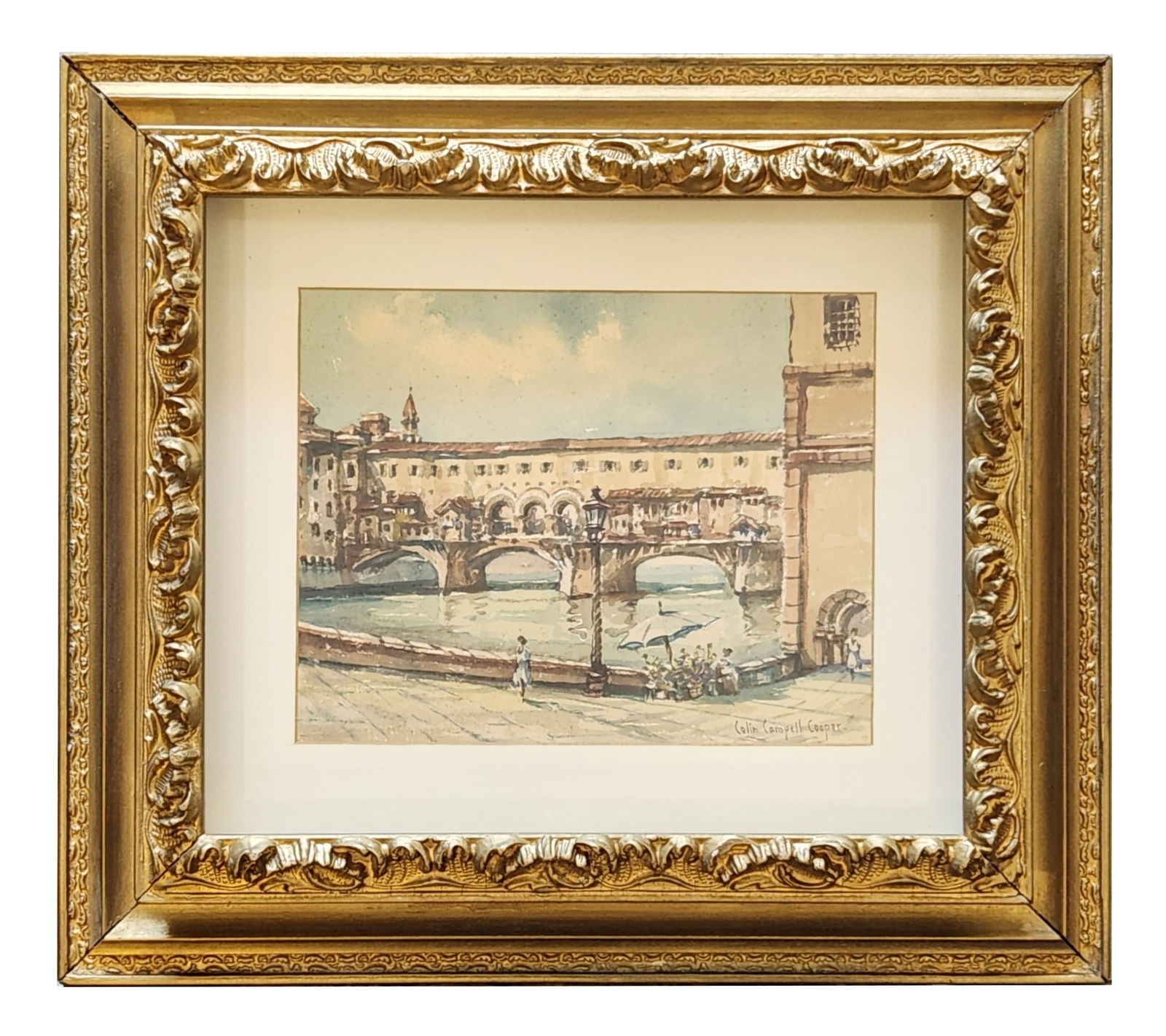 Colin Campbell Cooper (1856 - 1937) American: Colin Campbell Cooper (1856 - 1937) American Watercolor on Paper Measure 7 1/2"in H x 9 1/2"in W and 15 3/4"in H x 17 1/2"in W x 2 3/4"in D framed Known for: City buildings, street scene, floral and p