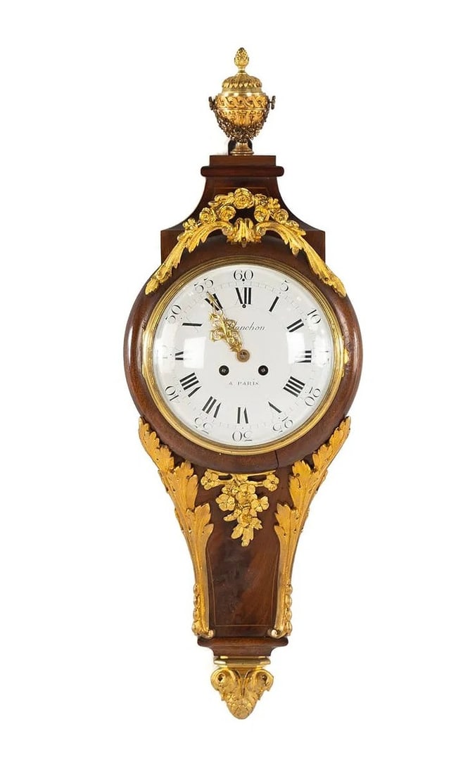 French 19th Century Mathieu Planchon Belle Epoque Cartel Wall Clock, Samuel Marti 1889 Movement: (French, 19th century) A fine Belle Epoque cartel wall clock, the waisted mahogany case richly adorned with gilt bronze appliqués including acanthus leaves, floral swags, and a classical urn-form fin