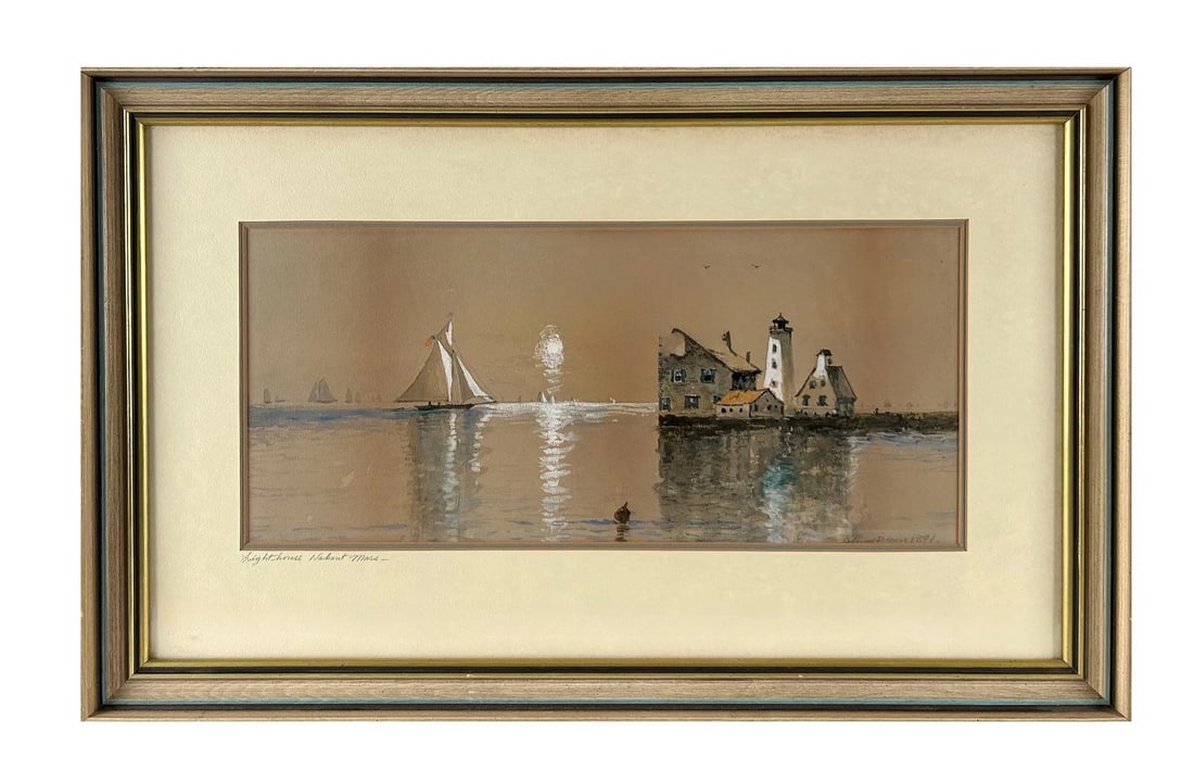 Edmund Darch Lewis (1835 - 1910) American: Edmund Darch Lewis (1835 - 1910) American Title: Rhode Island Lighthouse Watercolor on Paper Measure 9"in H x 20"in W and 18"in H x 29"in W with frame Known for: Landsca