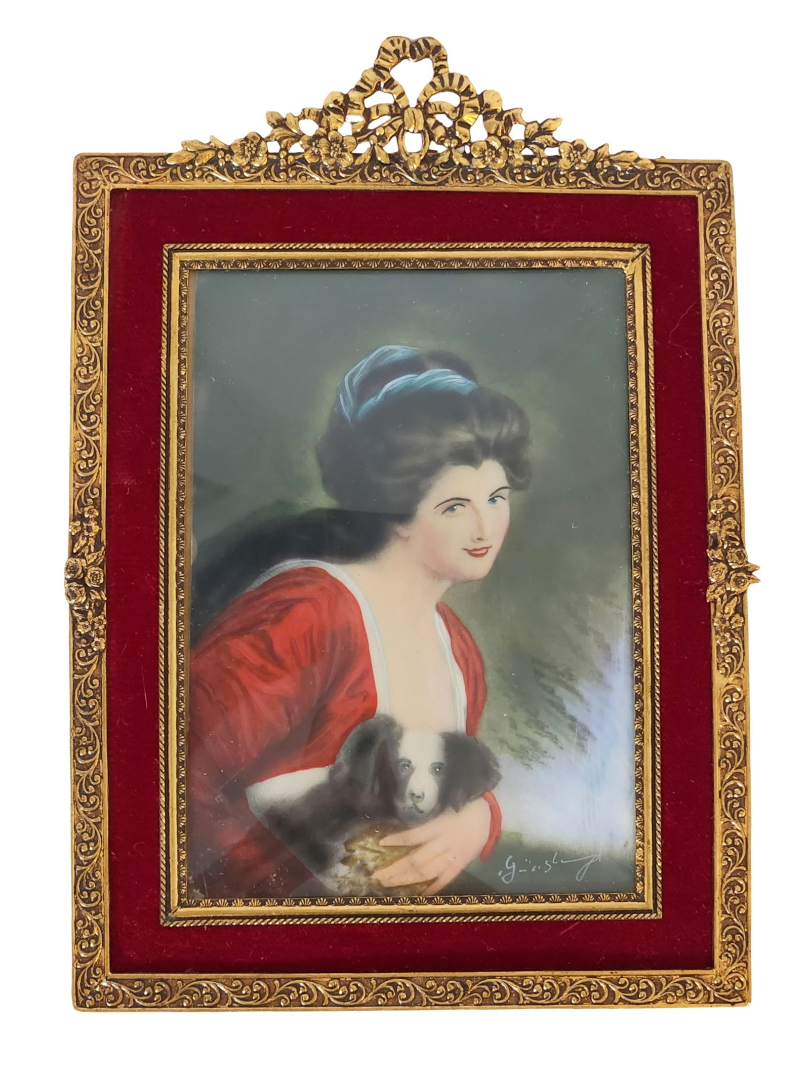 Signed Portrait Miniature of a Lady with Dog in Ornate Gilt Frame (1 of 6)