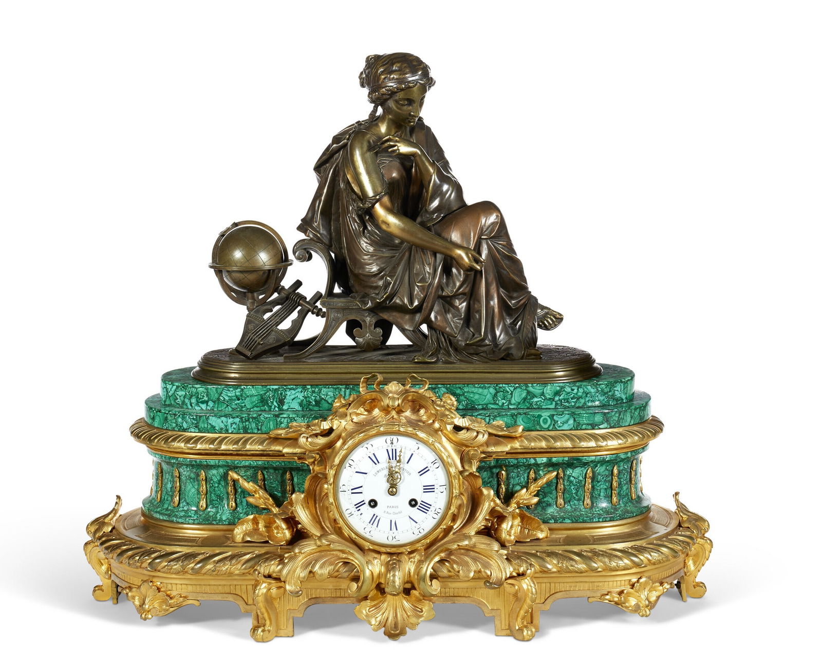 Napoleon III Ormolu Patinated - Bronze and Malachite Mantel Clock: Napoleon III Ormolu Patinated - Bronze and Malachite Mantel Clock by Lemerle - Charpentier, Paris, Third Quarter 19th Century, The malachite 20th Century The dial signed 'LEMERLE-CHARPENTIER / Bronzie