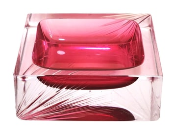 Mid-Century Pink Sommerso Cut Crystal Square Ashtray