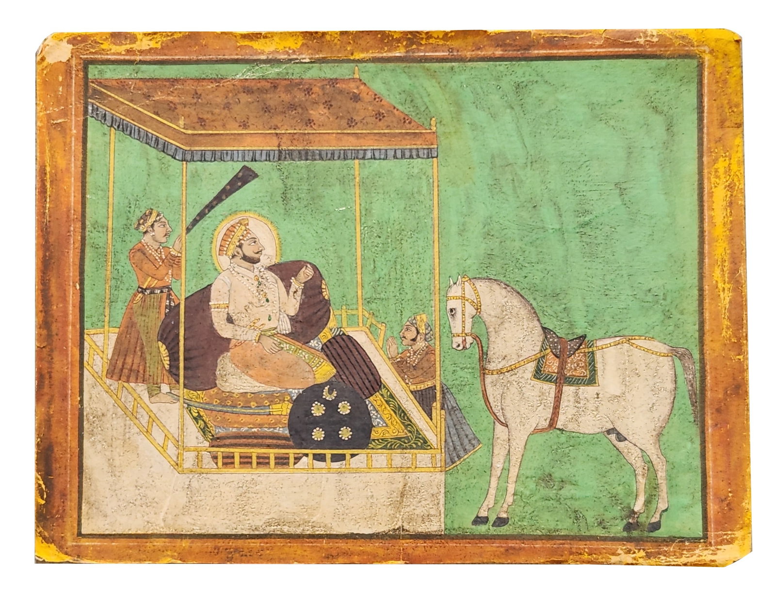 Indian Miniature Painting of a Royal Figure in Canopy Pavilion – Rajput School: Elegant and finely detailed Indian miniature painting depicting a maharaja or nobleman seated beneath a canopy pavilion, attended by courtiers and with a caparisoned white horse at his side. The work 