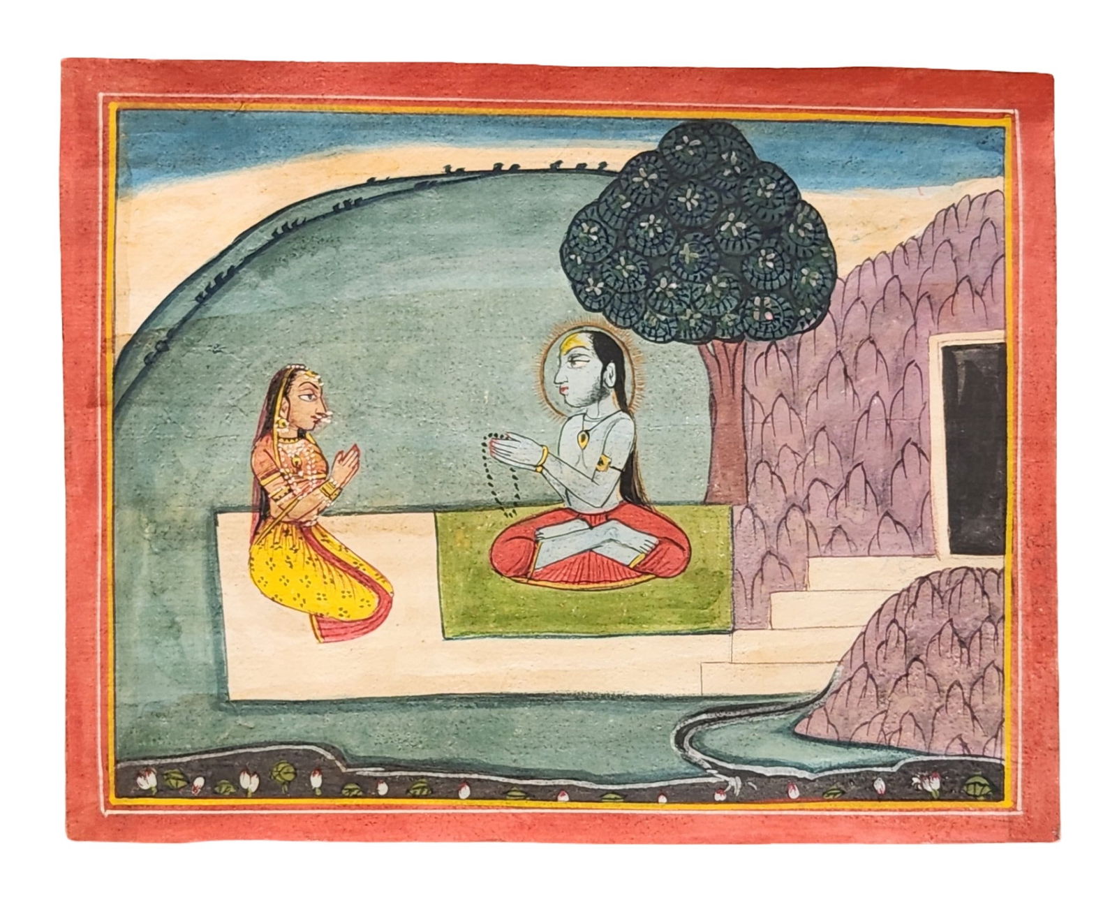 Antique Indian Miniature Painting – Sage in Meditation with Female Devotee, Gouache on Paper: A serene antique Indian miniature painting depicting a sage or ascetic in deep meditation under a tree near a cave, seated cross-legged with a rosary in hand. In reverent posture before him kneels a f